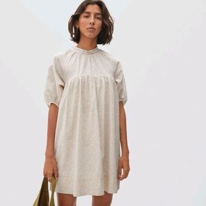 Everlane Dress The Shirred Sandstone Floral Puff Sleeve Mini Yoke Prairie Cream